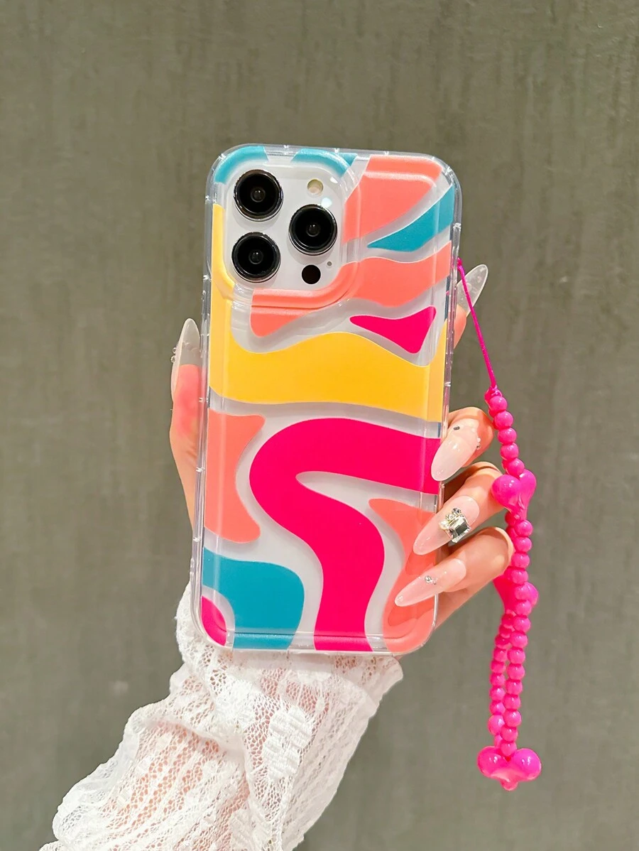 彩色涂鸦油画波浪图案防摔手机壳,带心形挂绳,兼容苹果 17/16/15/14 Pro Max、新款高品质 13、15、ins 风 12/12 Pro、11、13 Pro Max、XS、12 Pro Max - 彩色 - 查看 1