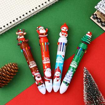 1pc Random Color Christmas Cartoon Theme Multi-Color Ballpoint Pen, Cute Colorful Retractable Pens For Students