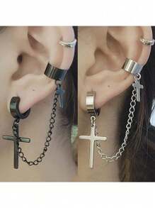 1個中性朋克流蘇耳環- 多功能金屬哥德式耳夾和耳釘，嘻哈時尚珠寶