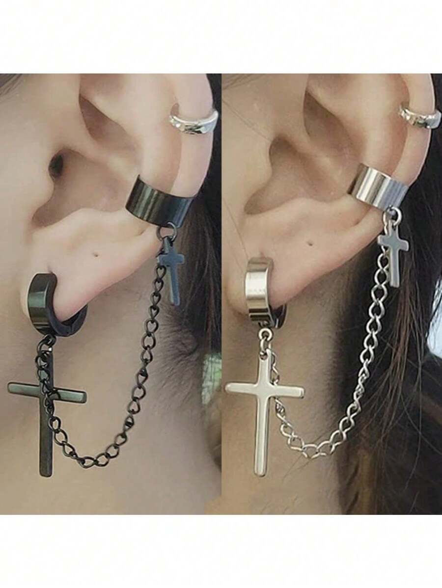 1個中性朋克流蘇耳環- 多功能金屬哥德式耳夾和耳釘，嘻哈時尚珠寶