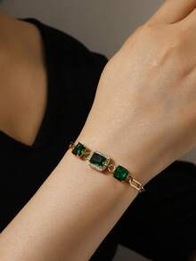1件奢华绿色方形水滴形立方氧化锆镶嵌手链，时尚日常佩戴，男女皆宜 - 金黃色 - 查看 2
