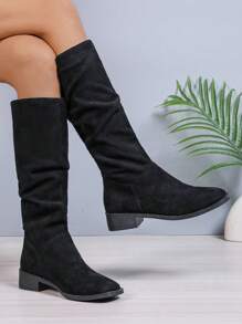 女式牛仔靴，百搭舒适的粗跟西部靴，时尚高筒复古皱褶宽松绒面高筒靴 - 黑色 - 查看 4