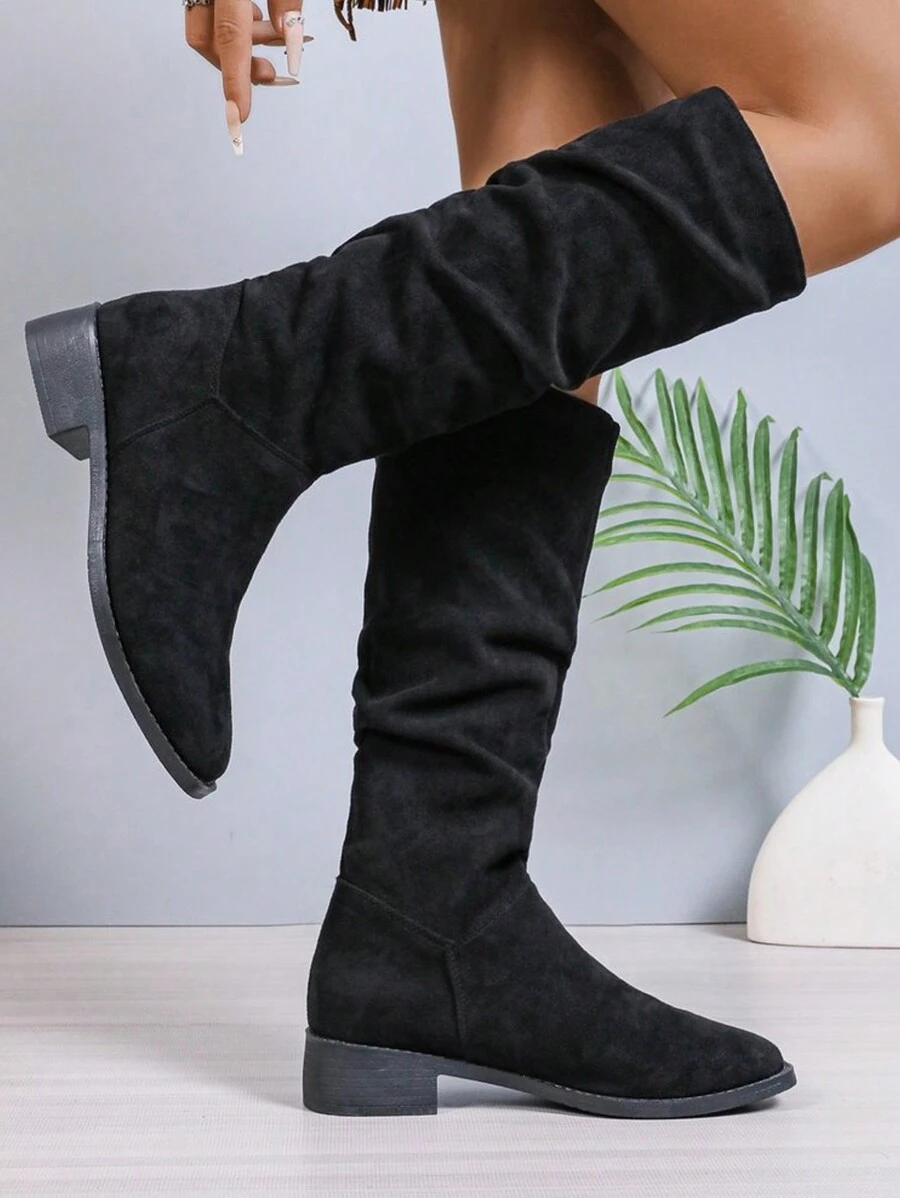 女式牛仔靴，百搭舒适的粗跟西部靴，时尚高筒复古皱褶宽松绒面高筒靴 - 黑色 - 查看 1