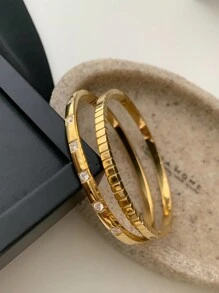 1/2pcs Stainless Steel Silver Cubic Zirconia Stacked Bracelet Set For Women, Hypoallergenic High Color Retention Daily Wear, Gift - Silver - View 5