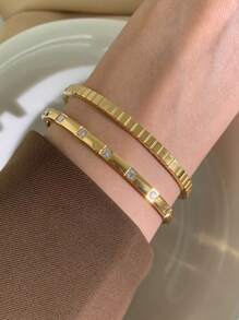 1/2pcs Stainless Steel Silver Cubic Zirconia Stacked Bracelet Set For Women, Hypoallergenic High Color Retention Daily Wear, Gift - Silver - View 1