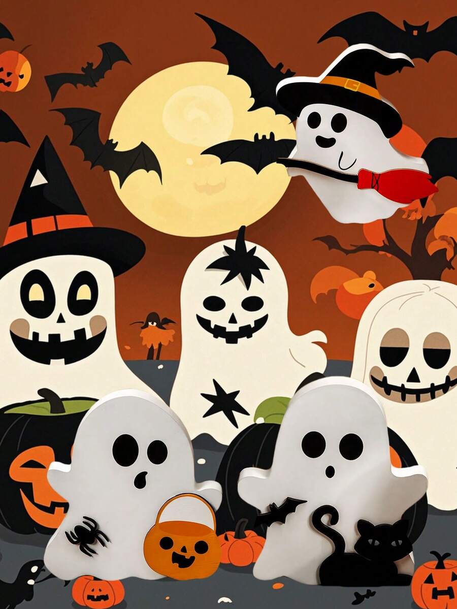 1 Stück süße Halloween Dekoration Geist für Innen, dekorative hölzerne mehrstufige Tablett Dekoration, Schilder mit schwarzer Katze, Fledermaus, Besen und Kürbis Blöcken für Party, Heim und Regal Präsentation