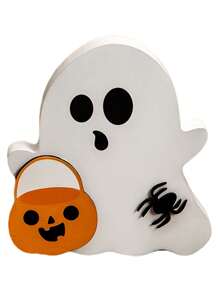 1 Stück süße Halloween Dekoration Geist für Innen, dekorative hölzerne mehrstufige Tablett Dekoration, Schilder mit schwarzer Katze, Fledermaus, Besen und Kürbis Blöcken für Party, Heim und Regal Präsentation