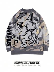 卡通人物字母渐变色长袖毛衣，休闲宽松圆领针织套头衫，男女皆宜，适合春、秋、冬三季穿着。 - 灰色 - 查看 2