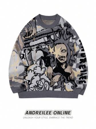 Animekaraktär och bokstäver Grafisk Ombre Loose Fit Rundringad Långärmad Stickad Tröja, Casual Streetwear För Herr & Dam, Lämplig För Vår, Höst, Vinter