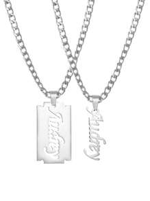 1pc 电镀18k金不锈钢项链，欧美钛钢拼图毛坯项链DIY镂空字母吊坠情侣饰品，多种字体可供定制，含精美高档盒子，适合朋友、亲戚、朋友、家人、情侣、节日礼物-银色 - 銀色 - 查看 6