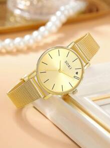 SOKI SOKI 一套女士时尚休闲圆形石英表和简约链条手链套装，适合日常佩戴、生日礼物、派对、节日聚会，也是送给自己或朋友的理想礼物。不含包装盒。 - 金色 - 查看 4