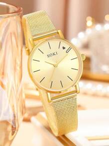 SOKI SOKI 一套女士时尚休闲圆形石英表和简约链条手链套装，适合日常佩戴、生日礼物、派对、节日聚会，也是送给自己或朋友的理想礼物。不含包装盒。 - 金色 - 查看 3