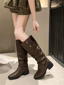 女式粗跟复古休闲马靴，2024 年秋冬新款西部牛仔中筒靴 - 棕色 - 查看 1
