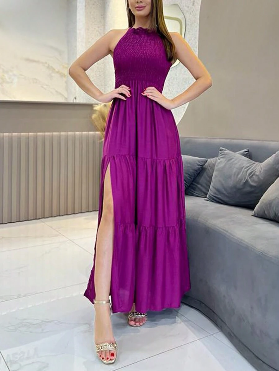 Elastek Elegant Slit Halter Neck Long Dress - Rosa Roja - Ver 1
