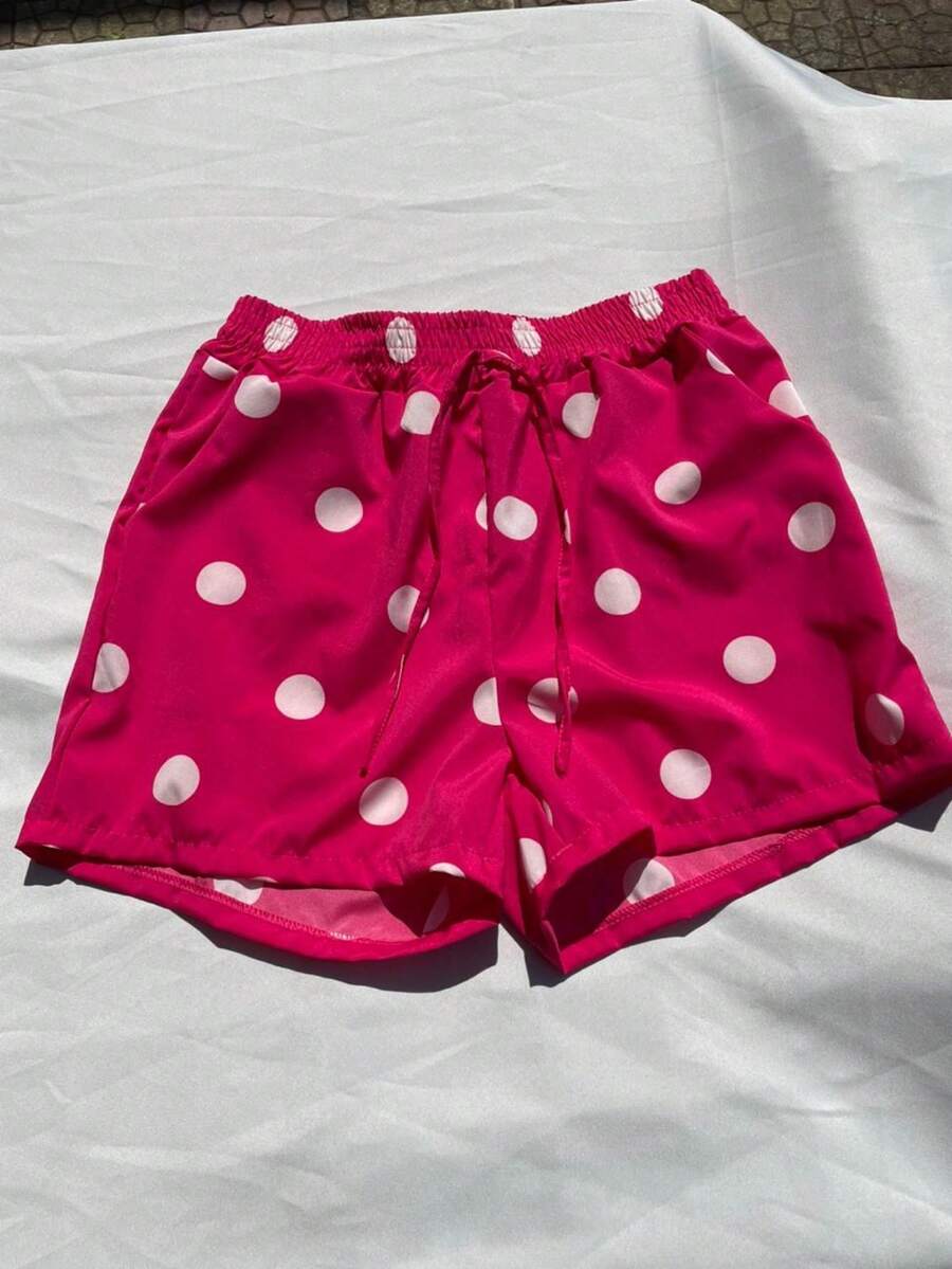 Short Beach Shorts With Polka Dot Print And Pockets Polyester Fabric - Màu Hồng Tươi - Xem 1