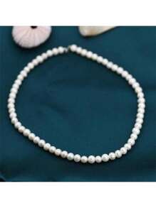MYSOYA 100% 手工制作天然淡水仿珍珠项链。椭圆形淡水仿珍珠项链，5-6 毫米仿珍珠。百搭项链，送给他/她的礼物。适合日常佩戴、生日、周年纪念、婚礼、情人节、新年等场合。 - 白色 - 查看 7