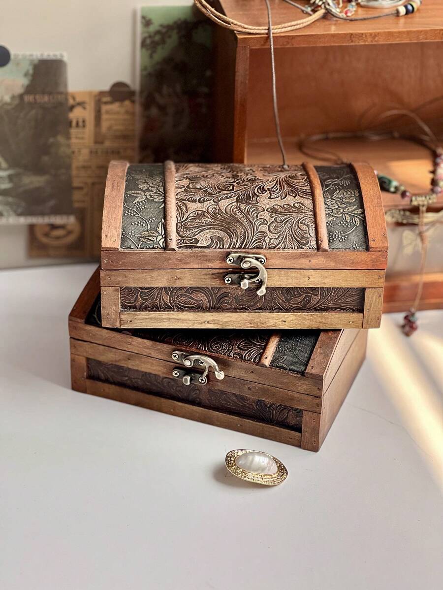 1pc Vintage Handmade Wooden Box With Leather Floral Pattern Lock, Jewelry Storage Box, Home Decor, Desk Organizer, Suitable For Daily Use, Holiday Gifts Back To School