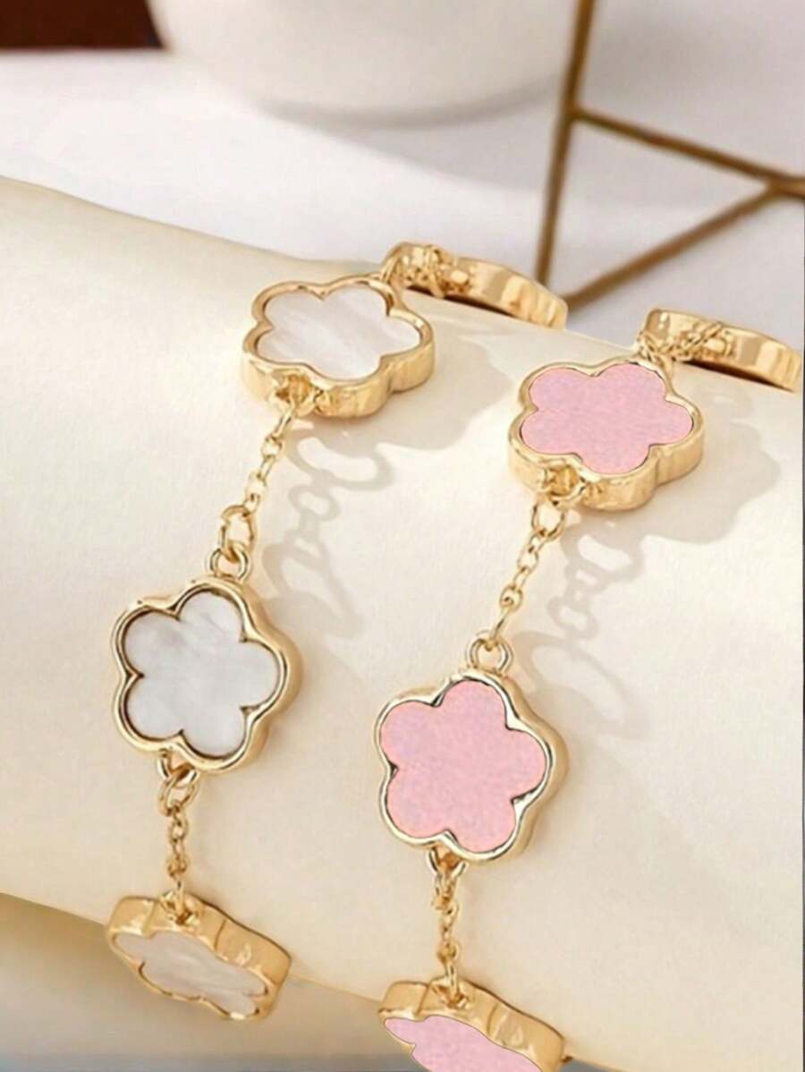 2pcs/Set Classic White And Pink Petal Bracelet Set - White Powder - View 1
