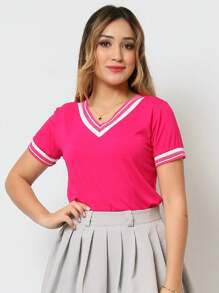 Women's Round Neck T-Shirt Blouse Summer Fashion Size S M L XL - 玫紅色 - 查看 1