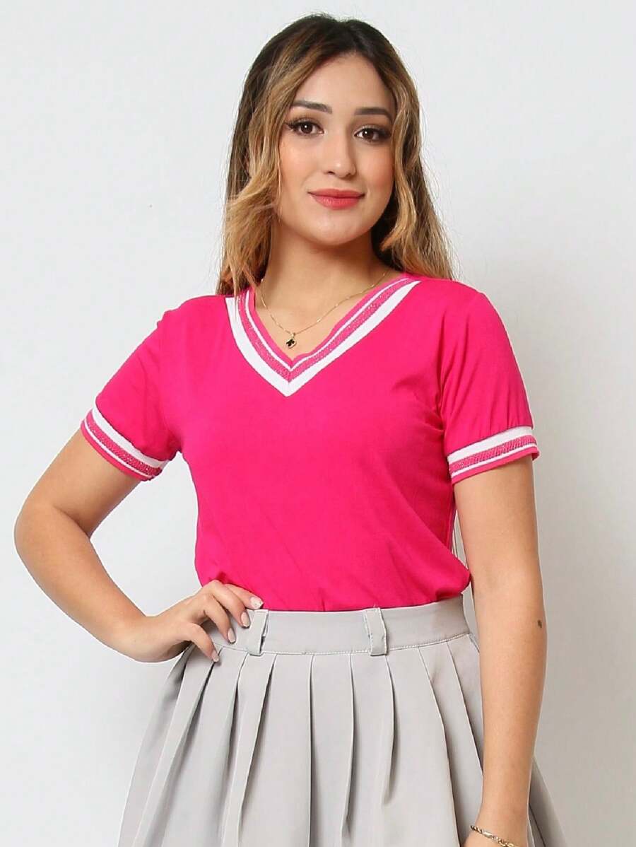 Women's Round Neck T-Shirt Blouse Summer Fashion Size S M L XL - 玫紅色 - 查看 1