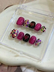 10 片装高端火龙果水晶猫眼白色手工假指甲，闪光热女孩爱指甲指甲贴片短按指甲美甲用品指甲 - 彩色 - 查看 2