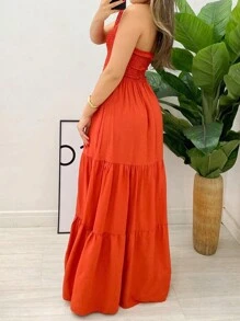 Elastek Elegant Slit Halter Neck Long Dress - Orange - View 2
