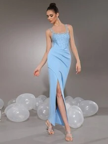 Modphy Váy liền thân hở vai đính đá gợi cảm, váy bó sát xẻ tà xếp nếp thanh lịch cho phù dâu, tiệc tùng, đám cưới, váy dự tiệc trang trọng cho khách dự tiệc tối - Màu xanh nhạt - Xem 5