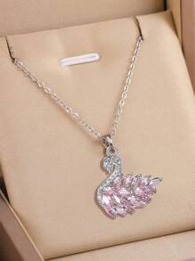 1pc Exquisite & Elegant Pink Cubic Zirconia Embedded Animals Shape Pendant Women's Clavicle Necklace, Ideal Dating Gift - Silver - View 3