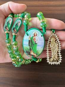 Katholische Halskette mit Heiliger Judas Grüne Kristall Perlen, Kreuz Anhänger und Heiliger Benedikt Holz Anhänger, Katholischer Schmuck