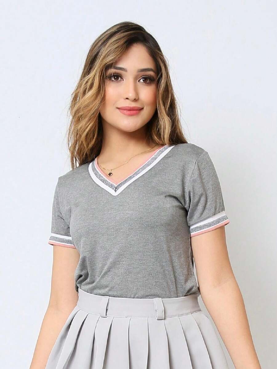 Women's Round Neck T-Shirt Blouse Summer Fashion Size S M L XL - Gris Oscuro - Ver 1