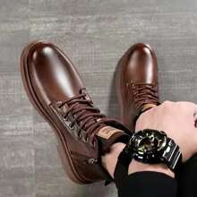 Wear With Sweater,British Style High-Top Side Zipper Boots For Men - Brown - View 1