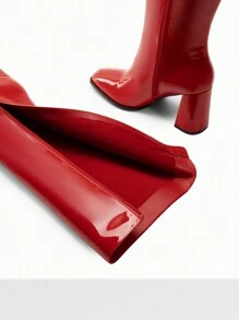 Women's Square Toe Gogo Boots Chunky Heel Classic Solid Color Knee High Boots With Side Zip Fashionable Tall Boots - 紅色 - 查看 6