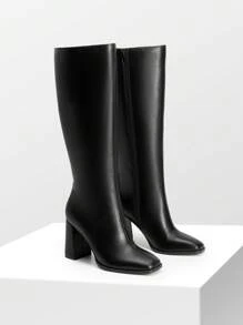 Women's Square Toe Gogo Boots Chunky Heel Classic Solid Color Knee High Boots With Side Zip Fashionable Tall Boots - 黑色/PU - 查看 5