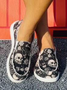 女士万圣节新款平底休闲运动鞋，骷髅和玫瑰图案休闲女鞋，节日风格轻便舒适帆布鞋 - 黑色 - 查看 5