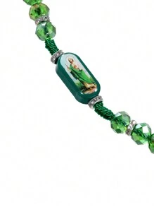 Katholische Halskette mit Heiliger Judas Grüne Kristall Perlen, Kreuz Anhänger und Heiliger Benedikt Holz Anhänger, Katholischer Schmuck