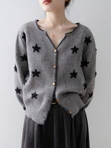 时尚星星图案前扣V领长袖针织开衫 - 灰色 - 查看 4