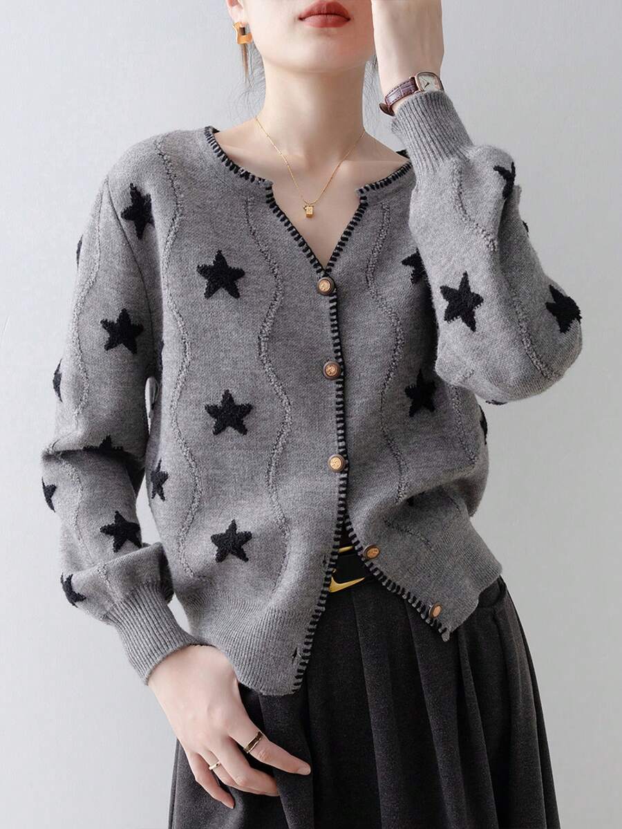 时尚星星图案前扣V领长袖针织开衫 - 灰色 - 查看 1