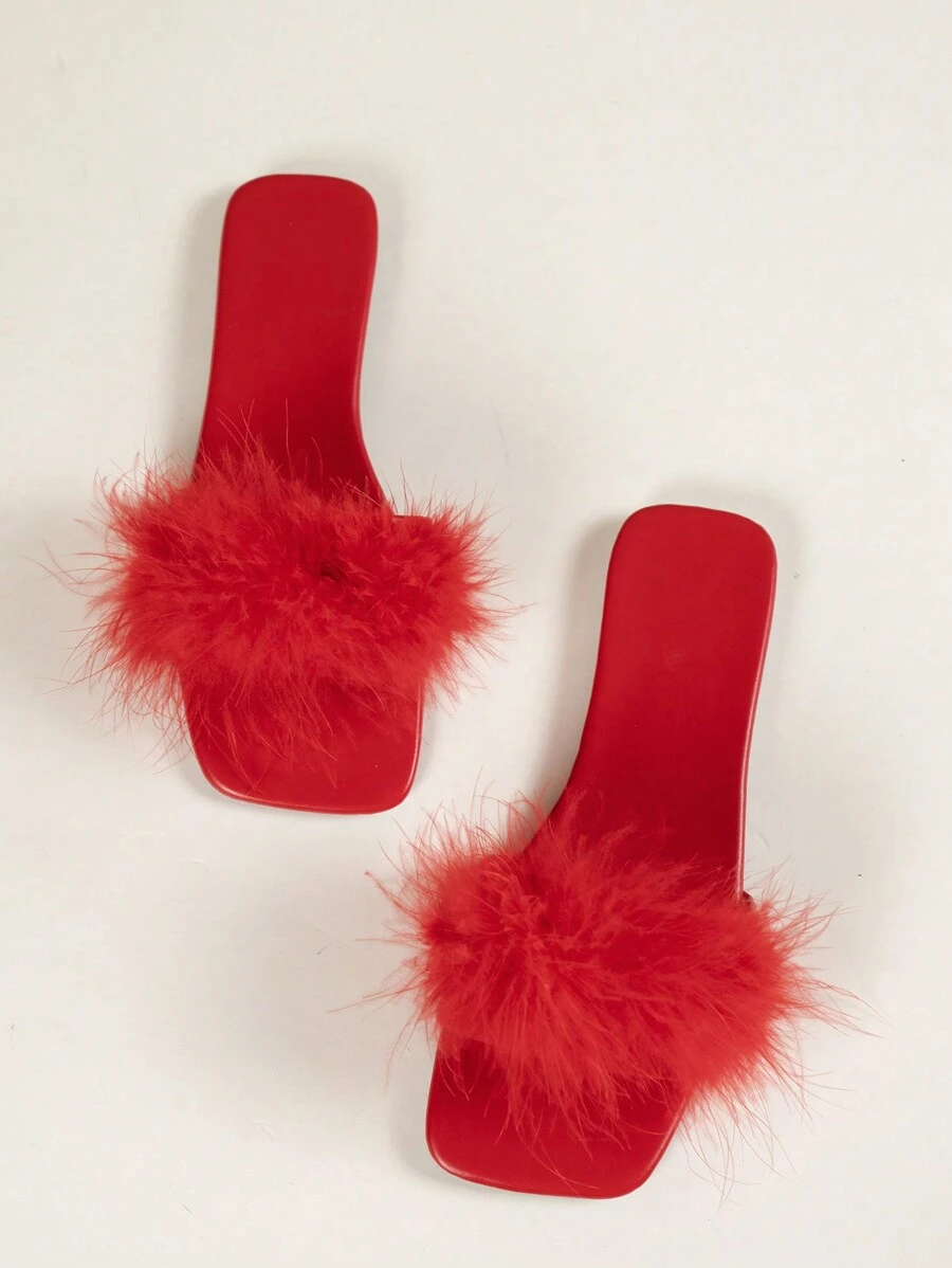 Dép xăng đan đế bằng mũi vuông cho nữ, dép lê lông xù thời trang dự tiệc và cỡ lớn, kiểu dáng rộng rãi mùa hè. - Đỏ - Xem 1