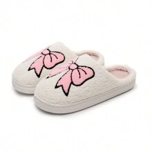 Zapatillas de estar por casa cálidas con bordados, moños lindos y mullidas, regalo de Navidad y San Valentín para mujer