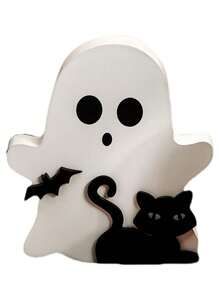 1 Stück süße Halloween Dekoration Geist für Innen, dekorative hölzerne mehrstufige Tablett Dekoration, Schilder mit schwarzer Katze, Fledermaus, Besen und Kürbis Blöcken für Party, Heim und Regal Präsentation