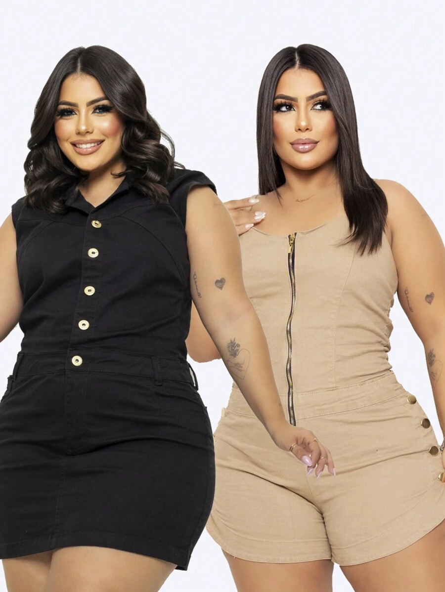 2 Piece Plus Size Dress And Short Jeans Jumpsuit Kit - 黑色 - 查看 1