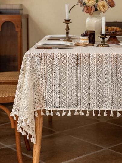 Cirelle 1 pieza Mantel de estilo francés vintage romántico de encaje blanco con borlas, adecuado para picnic, fiesta festiva, boda, evento, decoración de habitación