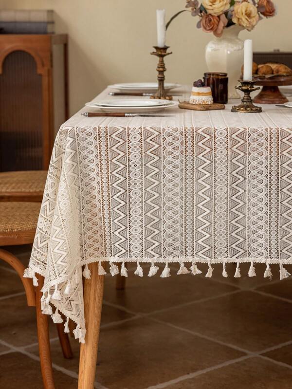 1pc Romantic Vintage French Style White Lace Tassel Tablecloth, Suitable For Picnic, Holiday Party, Wedding, Event, Room Decor