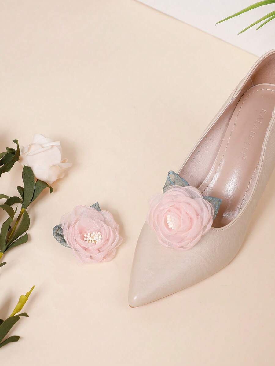 1 Pair Versatile Fresh Floral Net Yarn Rose Flower Detachable Shoe Clips Decor, Suitable For Women High Heels, Sandals - Pink - View 1