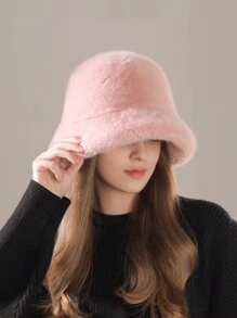 1pc Solid Color Casual Elegant Street Chic Polyester (Polyester) Fluffy Fluffy Patchwork Frayed Edge Bucket Hat, Versatile For Fall/Winter