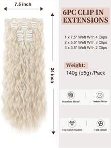 Clip In Hair Extensions,6PCS Hair Extensions Long Mermaid Waves Wavy Synthetic Clip On Hairpiece For Women 24 Inch White Blonde