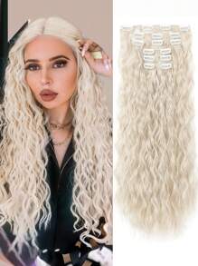Clip In Hair Extensions,6PCS Hair Extensions Long Mermaid Waves Wavy Synthetic Clip On Hairpiece For Women 24 Inch White Blonde