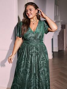 Simplee Plus Size Women's Elegant Vintage Velvet Cutout Waistline Ruffle Butterfly Sleeve Dress, Party Gown, Spring