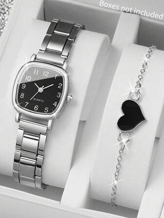 2pcs/Set Women Stainless Steel Band Square Fashion Minimalist Numeric Dial Quartz Watch & Bracelet