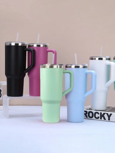 1 件 40 盎司不锈钢随行杯带手柄吸管大容量便携式车载杯咖啡杯水杯适合户外旅行办公室返校